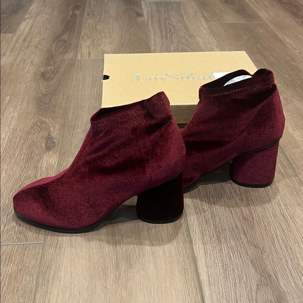 New Lov Mark Slinky Wine Velvet/Burgundy Velvet Heeled Booties Size 6 - Picture 7 of 15